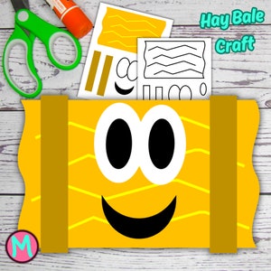 May include: A printable craft template for making a hay bale craft. The template includes a yellow hay bale with a smiling face, two brown straps, and a black mouth. The template also includes separate pieces for the eyes, straps, and a zig-zag pattern for the hay bale.