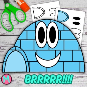 May include: A blue and white cartoon igloo with a smiling face, two black eyes, and a white mouth. The igloo is made of bricks and has a small entrance. The text "BRRRRR!!!" is written in green letters below the igloo.