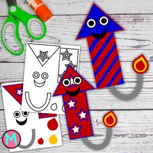 May include: Printable craft template for making a red, white and blue firework with a grey fuse. The firework has a smiling face with two black eyes and a black mouth. The template includes a black and white outline of the firework for colouring.