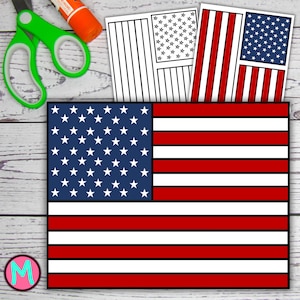 May include: A printable American flag craft activity for kids. The printable includes a black and white outline of the flag, a color version of the flag, and a separate sheet of stars. The craft is perfect for learning about the American flag and celebrating Independence Day.