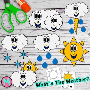 Weather Craft Template Bundle for Kids cut and glue weather activity for preschool, Clouds, Rain, Sun, Lightening