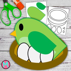 Green Bird in Nest Cut and Glue Craft for Kids, Printable Bird Craft, Kids Paper Craft Printable, Build a Bird Craft