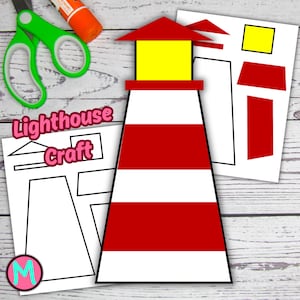 May include: Printable lighthouse craft template with instructions. Cut out the pieces and glue them together to make a red and white striped lighthouse with a yellow roof.