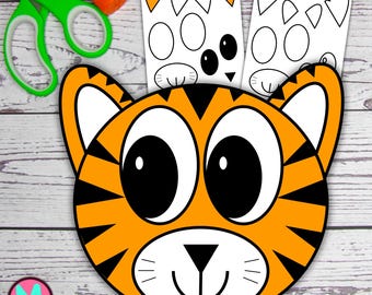 Mall för tigerhuvudpyssel: Utskrivbart klipp- och limpapperspyssel för barn (PDF)