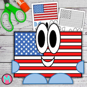 May include: A whimsical cartoon of the American flag with large eyes and a smiling mouth. The flag design features red and white stripes with a blue field of white stars. Additional flag templates and craft supplies are visible.