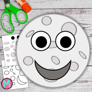 May include: A craft project for making a moon face. The craft includes a large white circle with a smiling face, two googly eyes, and gray craters. There are also sheets of paper with different sized circles and crescent moons to cut out and glue on.