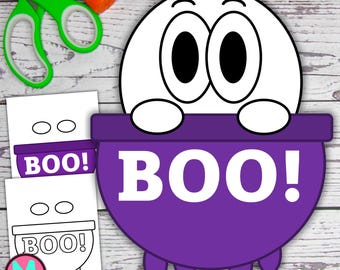 May include: A printable Halloween craft for kids featuring a ghost peeking out of a purple cauldron with the word "BOO!" on it.