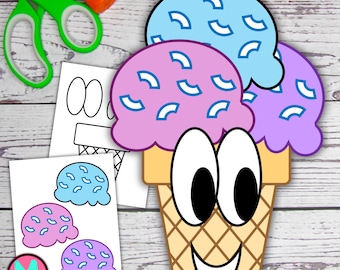 Modello di gelato sorridente, carta da ritagliare e incollare stampabile per bambini (PDF)