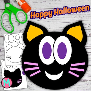 May include: A black cat face cutout with yellow ears, purple eyes, and pink whiskers, with the text "Happy Halloween" in orange and purple. Includes scissors, glue stick, and cat face templates.