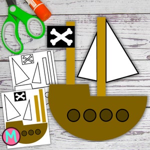 Piratenschiff Bastelvorlage für Kinder im Vorschulalter, einfaches Ausschneiden und Kleben Papiermodell für Kleinkinder, lustiges Piraten Handwerk