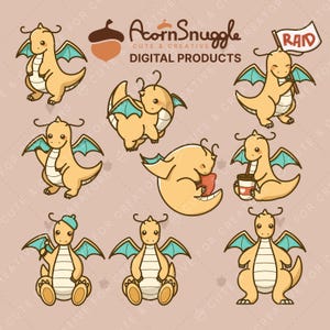 Puede incluir: Una colección de ilustraciones digitales de un dragón naranja claro con alas verde azulado en varias poses, incluyendo sosteniendo una bandera con la palabra RAID, bebiendo de un vaso y usando un gorro azul, con el texto AcornSnuggle Digital Products.