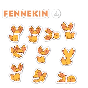 May include: A set of nine stickers featuring Fennekin, a fox-like Pokemon with orange fur and a flame-like tail. The stickers show Fennekin in various poses, including standing, sitting, and lying down.