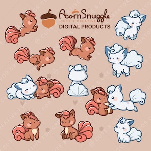 Pode incluir: Uma coleção de ilustrações digitais apresentando criaturas semelhantes a raposas marrons e brancas com múltiplas caudas. O texto AcornSnuggle CUTE & CREATIVE DIGITAL PRODUCTS é exibido no topo. Os personagens são mostrados em várias poses, incluindo sentados, correndo e interagindo uns com os outros.