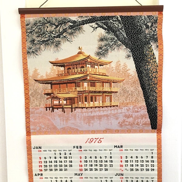 Vintage 1975 Woven Japanese Wall Calendar, Silky Embroidered Art, Scroll | Frameable Asian Artwork Detachable | Collectible Home Decor