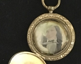 Antique Daguerreotype Man's Photo Locket Pendant, Gold Plated? Victorian Mourning Jewelry, Memento Mori