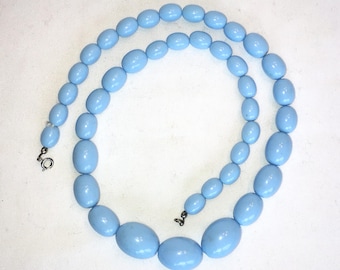 Vintage Lucite Blue Bead Necklace 24&quot; end-to-end, Graduated Beads, Spring Ring Clasp, Wearable Midcentury Jewelry | Gifts Under 20