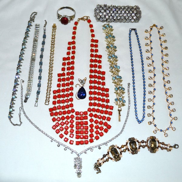 Sparkling Vintage to Modern Rhinestone Jewelry Lot All Wearable | Weiss Bracelet | Necklaces | Brooch | Iridescent | Bracelets