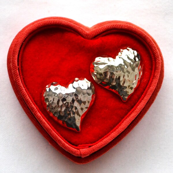 Silver-tone Heart Earrings, Hammered Design, Wearable Pierced Earrings Studs, Red Heart Shaped Box | Valentine's Day Gift