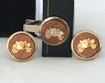 Vintage Carriage Cuff Links & Tie Clip Set Wood + Gold tone
