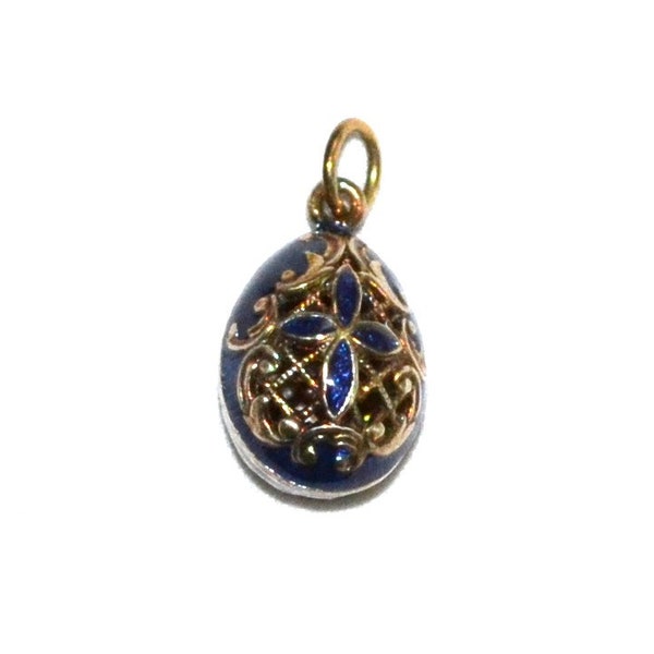 Royal Blue Enamel Faberge Egg Style Pendant or Charm | Gold-tone, Lattice | Original Presentation Box