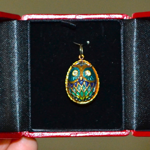 Vintage Enamel Teal Blue Owl Pendant or Charm, Faberge Egg Style | Rhinestones | Original Presentation Box