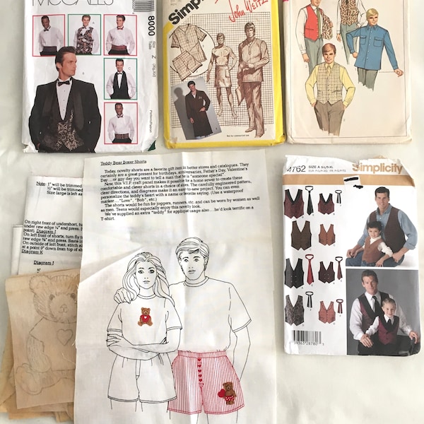 Vintage Sewing Patterns Men's / Boys Clothes Simplicity McCalls Butterick | Shirt Tie Vest Pajamas Robe Bow Tie Cummerbund Boxer Shorts