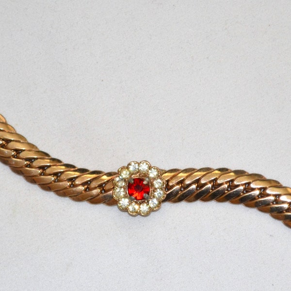 Wearable Vintage Snake Chain Gold tone Bracelet, Red & Clear Rhinestones, Old European Cut Stones