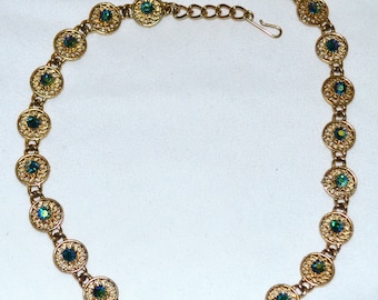 Gorgeous Vintage Iridescent Blue-Green Rhinestone Necklace, Gold tone Filigree, Adjustable | Aurora Borealis AB Peacock Stones | Gift