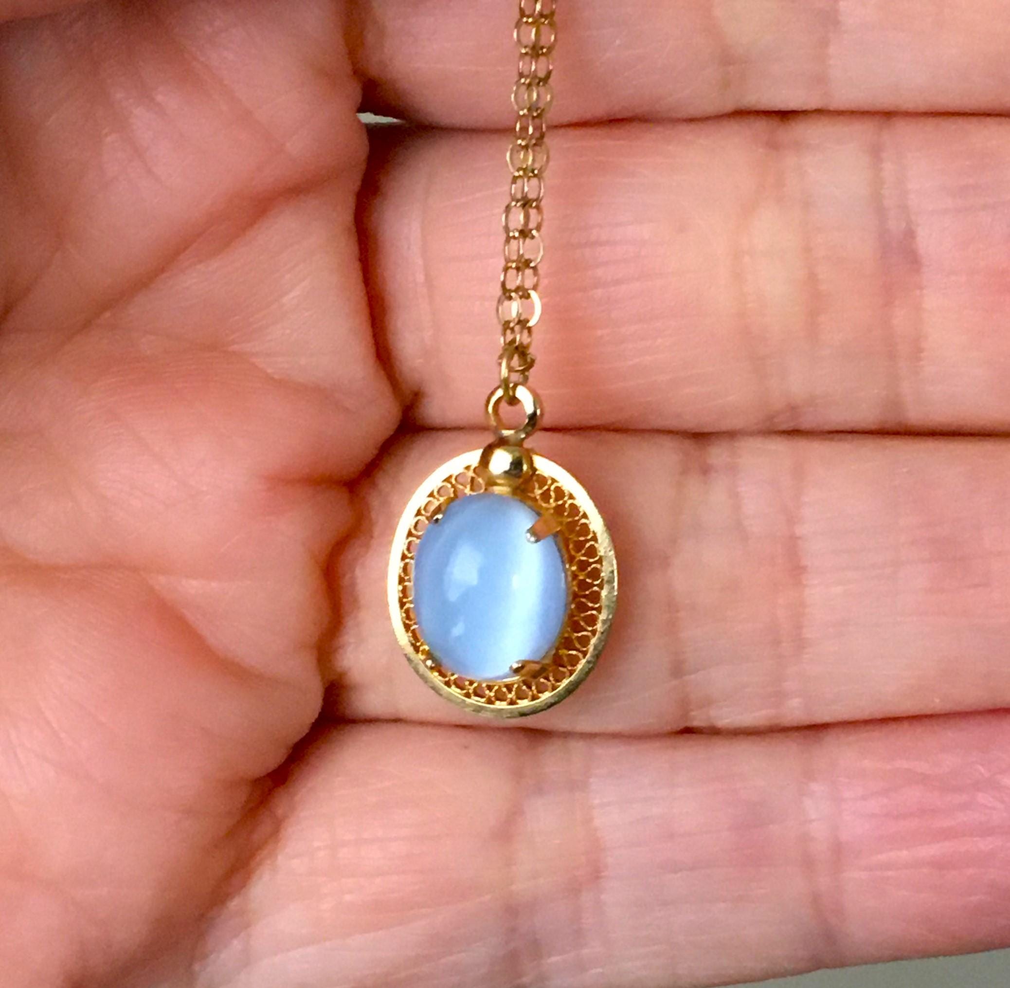 Blue Moonstone Necklace Gold Filled Chain / Filigree Setting, Cabochon Stone, Wearable Jewelry | Gifts Under 20