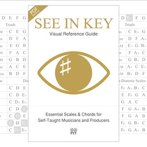 May include: A white visual reference guide titled "SEE IN KEY" with a gold eye graphic and the text "Essential Scales & Chords for Self-Taught Musicians and Producers." The guide includes chord and scale diagrams.