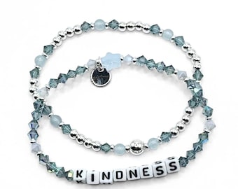 KINDNESS Custom Beaded Elastic Stretchy Word Bracelet | Premium Sparkly dusty blue Crystal, Silver Tone Bracelet | Inspiring Gift