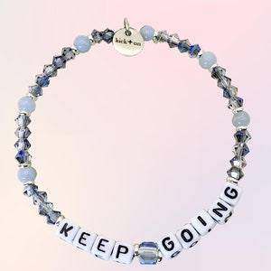 KEEP GOING Custom Beaded Elastic Stretchy Bracelet | Premium Gray Crystal, Silver Tone Bracelet | Inspirational Gift | Beaded Word Bracelet