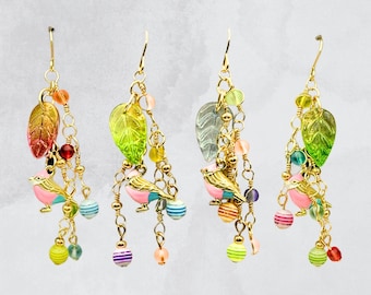 Mixed Media Whimsical Leaf Bird Dangle Statement Earrings | Gold Tone | Glass, Enamel Beads