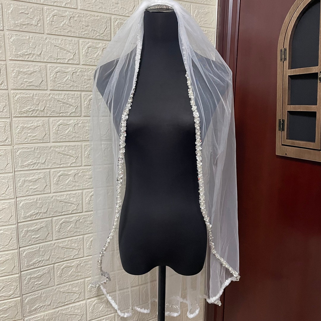 Beaded Bridal Veil, Crystal Pearls Veil, Beaded Fingertip Veil