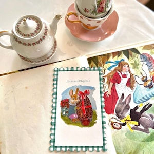 Carte de vœux Pâques vintage aquarelle – Lapin Alice au Pays des Merveilles – Illustration champêtre et féérique