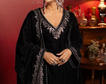 Velvet Kurta Sets For Women - Black Embroidered Kurta With Trousers & Dupatta - Indian Party Wear - Salwar Kameez Set - Indian Dress