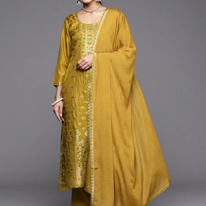Indian Party/Wedding Wear For Women - Mustard Yellow Embroidered Kurta With Palazzo & Dupatta - Indian Dress - Pakistani Salwar Kameez Suits