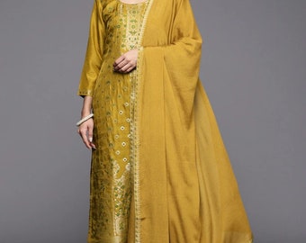 Indian Party/Wedding Wear For Women - Mustard Yellow Embroidered Kurta With Palazzo & Dupatta - Indian Dress - Pakistani Salwar Kameez Suits
