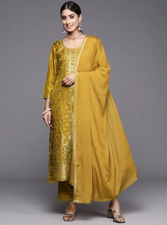 mustard yellow indian dress Indian Party/wedding Wear for Women - Mustard Yellow Embroidered Kurta With  Palazzo & Dupatta - Indian Dress - Pakistani Salwar Kameez Suits