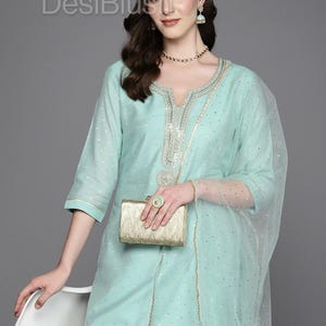 Silk Kurta Sets For Women - Indian Wedding Wear - Sea Green Embroidered Straight Kurta With Trousers and Dupatta - Indian Salwar Suit