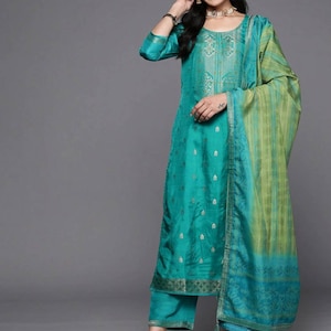 Indian Party Wear Dress For Women - Sea Green Embroidered Silk Kurta With Palazzos & Dupatta Salwar Kameez Set - Ethnic Set Indian Dress