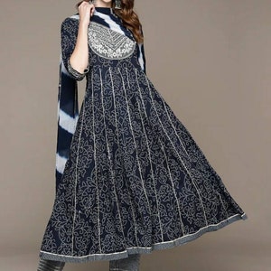 Kurta Sets For Women - Navy Blue Embroidered Anarkali Kurta With Trousers & Dupatta - Indian Dress - Indian Party Wear - Salwar Kameez Suit
