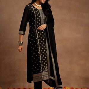 Indian Party Wear Dress For Women - Black Embroidered Silk Kurta With Trouser & Dupatta - Salwar Kameez Set - Ethnic Set - Indian Dress