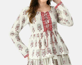 Top a tunica in puro cotone per donna - Top stampato bianco e rosso - Kurta corto - Kurtis per donna Top estivo T-shirt T-shirt Plus Size Boho Top