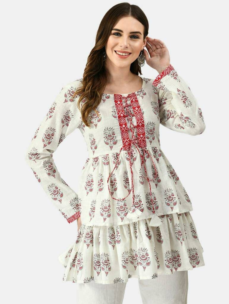 Pure Cotton Tunic Tops For Women - White & Red Printed Top - Short Kurta - Kurtis For Women Summer Tops Tees T-shirt Plus Size Boho Tops