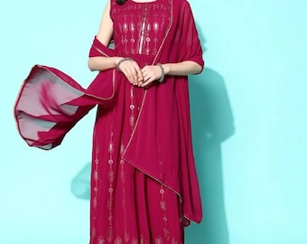 Indian Party Wear Dress For Women Pink Motifs Embroidered Sleeveless Kurta With Palazzos & Dupatta Indian Wedding Dress Anarkali Gown Dress