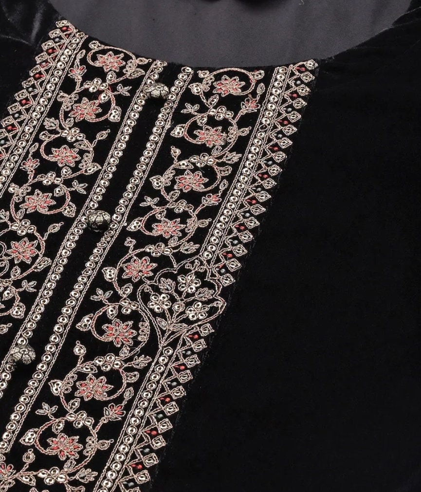 Women Black Velvet Sequence Embroidered Short Kurta