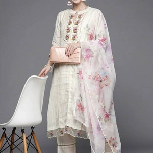Cotton Kurta Set - Off-white Floral Embroidered Panelled Kurta With Trousers & Dupatta - Kurta With Plazzos - Summer Wear Dress