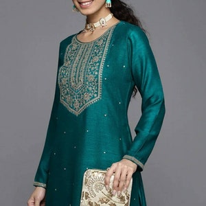 Silk Kurta For Indian Party Wear Teal Green Embroidered Silk Yoke Design Kurta Indian Kurta Gift For Women Pakistani Salwar Suit Tunics