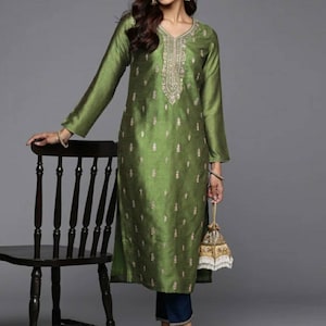 Indian Party Wear Dress For Women Green Embroidered Silk Hyper Texture Kurta Pakistani Salwar Suit Tunic Indian Tunic Top Gift For Women
